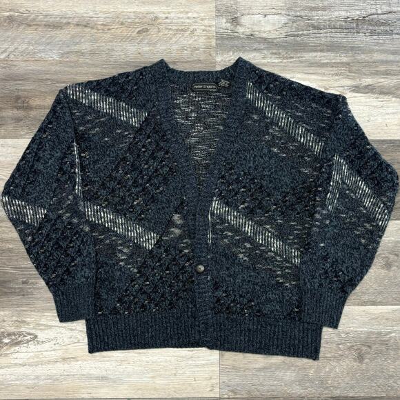 Vintage 80s 90s Peter England Black Mens L Striped Knit Cardigan Grandpa Sweater - Picture 1 of 8